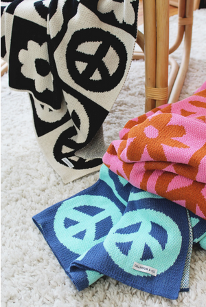 Peace Please Checkered Knit Throw Blanket with Flowers