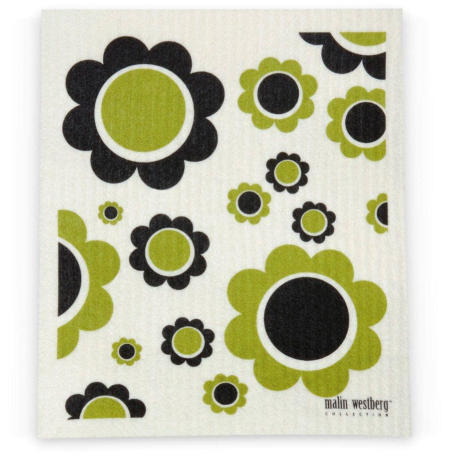 Swedish Dishcloth - RETRO FLOWER POWER OLIVE GREEN/BLACK